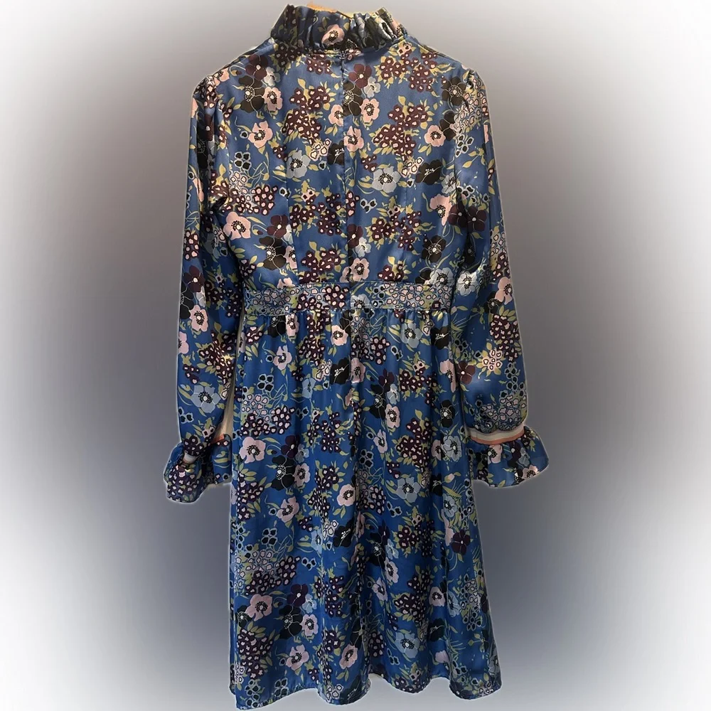 Manoush Blue Floral Long Sleeve Dress with Ruffle Collar - Picture 6 of 8